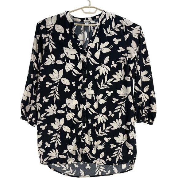 a new day Button Up Shirt Dress XXL Black Beige Floral Long Sleeve Loose Fit - Picture 2 of 8